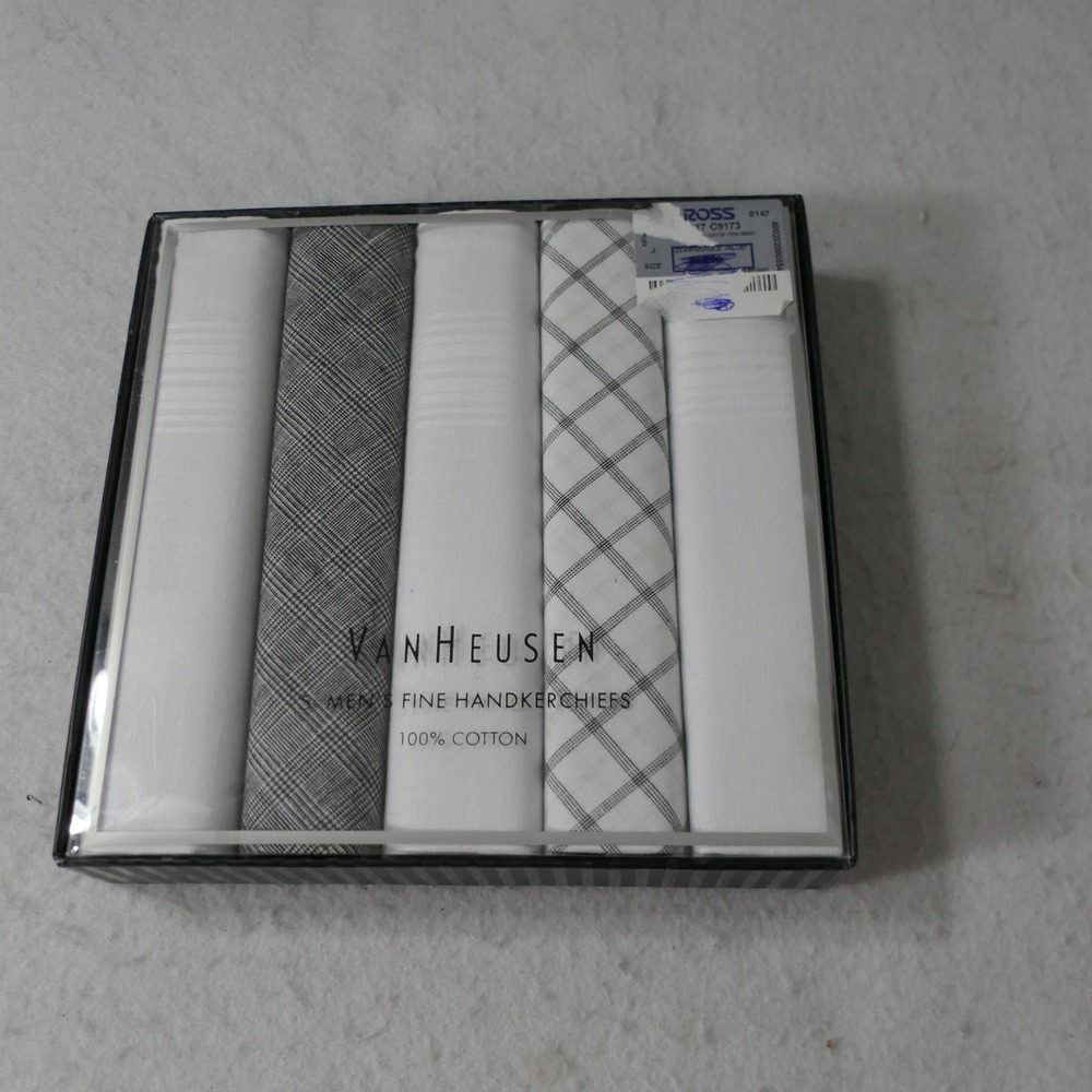 Van Heusen Men 5 Pack Handkerchiefs OS White Grey Dapper Formal Clean VH1737-003